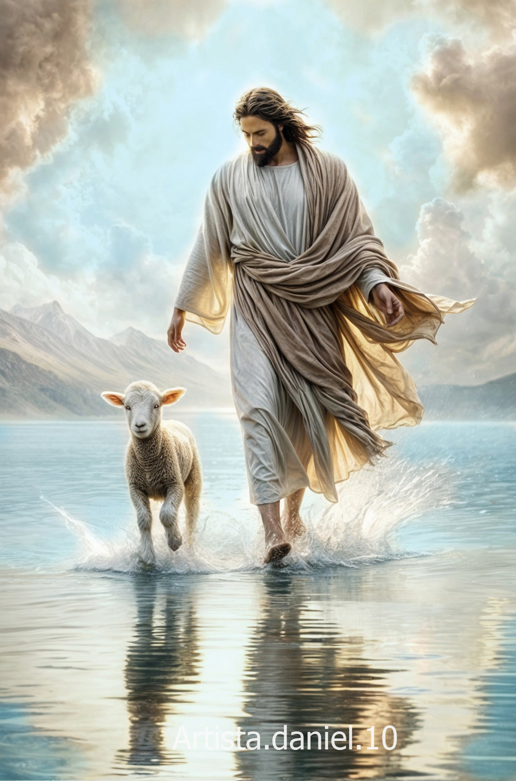 Retrato digital de Jesús andando sobre el mar